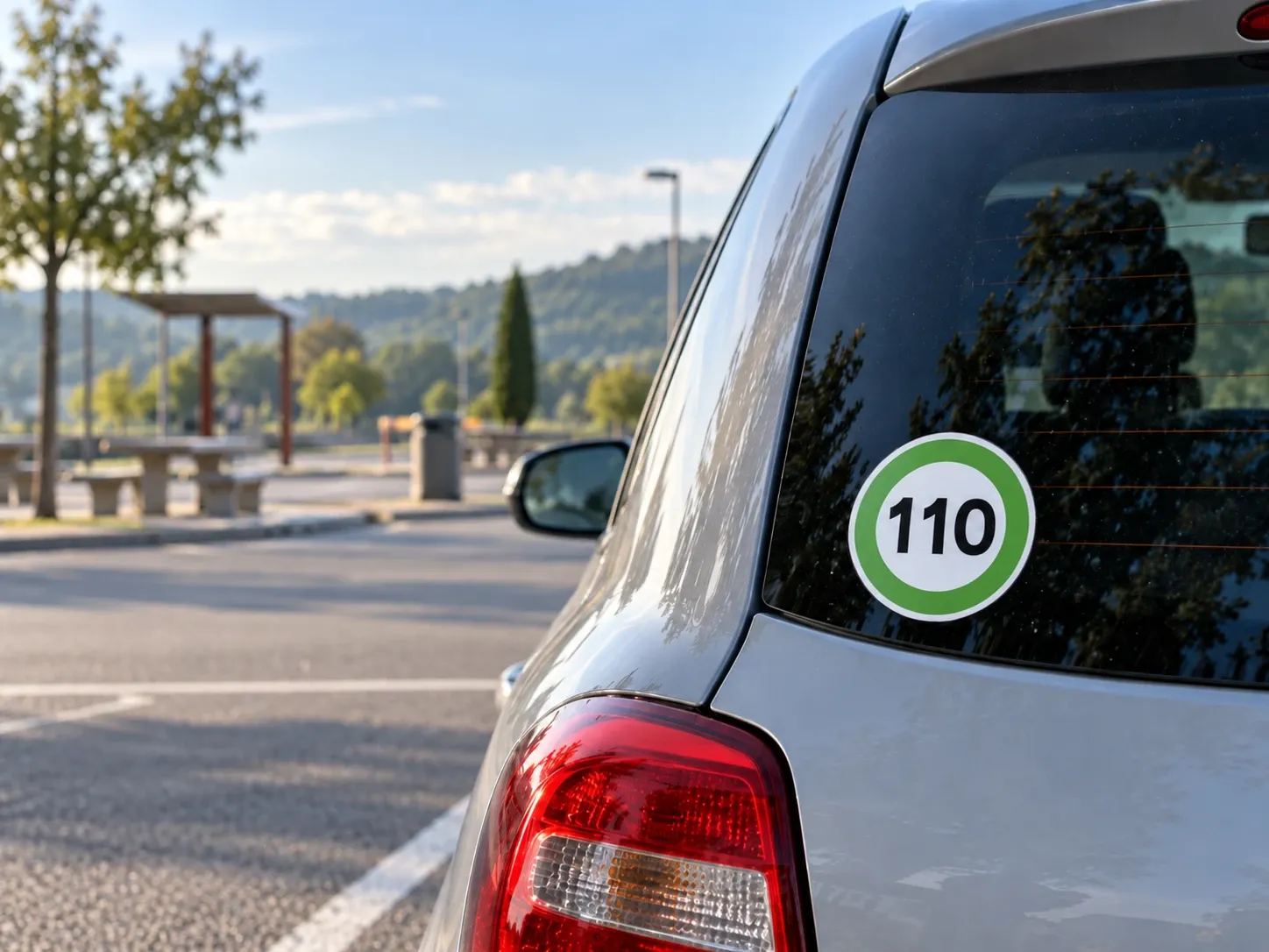 Le Disque 110 vert en autocollant sur la lunette arrière d'une voiture grise, garée sur une aire d'autoroute.