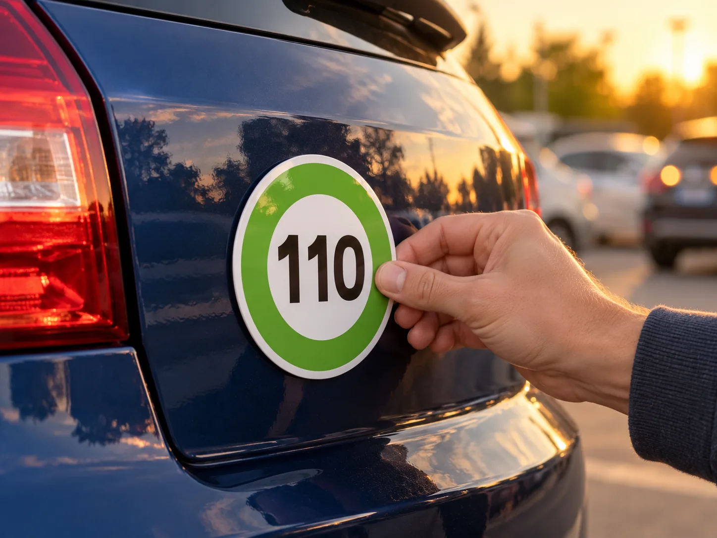Une main pose le Disque 110 vert magnétique sur le hayon d'une voiture bleu nuit, au coucher du soleil.
