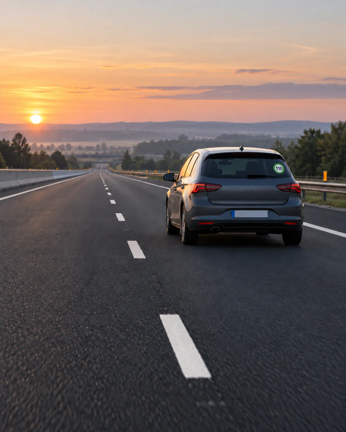 Une voiture roule à 110 sur l'autoroute au lever du soleil, le disque 110 vert sur sa lunette arrière.
